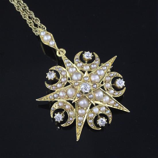 An Edwardian high carat gold, diamond and graduated split pearl set starburst and multi crescent pendant brooch, pendant 30mm.